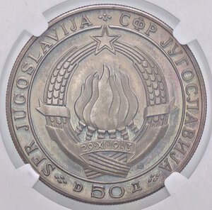 reverse: ESTERE - YUGOSLAVIA - Repubblica Popolare  - 50 Dinari 1968 - 25° anniversario della repubblica   NI  Sigillata NGC PF66 CAMEO. FS