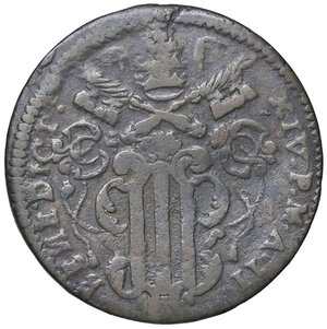 obverse: Rame Pontificio da Benedetto XIV (Gubbio e Ravenna), parte IV - GUBBIO - Benedetto XIV (1740-1758) - Baiocco 1742 A. II Munt. 439 (tipo) RR CU. MB+/qBB