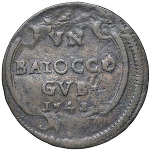 reverse: Rame Pontificio da Benedetto XIV (Gubbio e Ravenna), parte IV - GUBBIO - Benedetto XIV (1740-1758) - Baiocco 1742 A. II Munt. 439 (tipo) RR CU. MB+/qBB