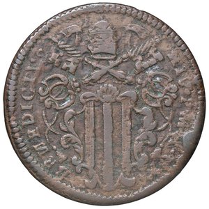 obverse: Rame Pontificio da Benedetto XIV (Gubbio e Ravenna), parte IV - GUBBIO - Benedetto XIV (1740-1758) - Baiocco 1745 A. V Munt. 443 var. I  CU. qBB