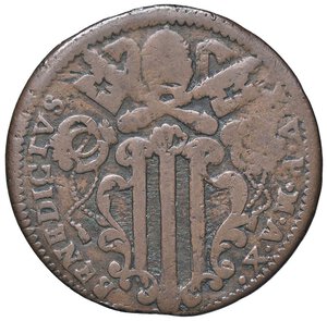 obverse: Rame Pontificio da Benedetto XIV (Gubbio e Ravenna), parte IV - GUBBIO - Benedetto XIV (1740-1758) - Baiocco 1750 A. X Munt. 453 var. II (tipo)  CU Muntoni non riporta questa variante con A. X anziché AN. X. MB+/qBB