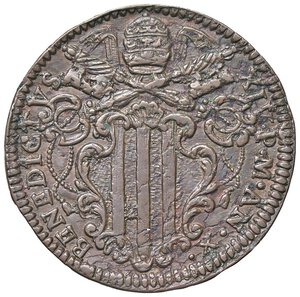 obverse: Rame Pontificio da Benedetto XIV (Gubbio e Ravenna), parte IV - GUBBIO - Benedetto XIV (1740-1758) - Baiocco 1751 A. X Munt. 453a  CU. BB+