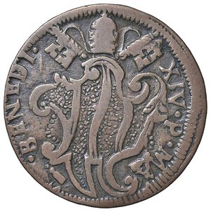 obverse: Rame Pontificio da Benedetto XIV (Gubbio e Ravenna), parte IV - GUBBIO - Benedetto XIV (1740-1758) - Mezzo baiocco 1752 Munt. 497  CU. BB