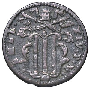 obverse: Rame Pontificio da Benedetto XIV (Gubbio e Ravenna), parte IV - GUBBIO - Benedetto XIV (1740-1758) - Quattrino Munt. 514  CU. BB