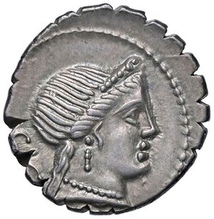 obverse: ROMANE REPUBBLICANE - NAEVIA - C. Naevius Balbus (79 a.C.) - Denario serrato B. 6; Cr. 382/1  (AG g. 3,67) Splendida patina di vecchia raccolta. SPL+/qFDC