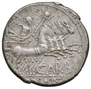 reverse: ROMANE REPUBBLICANE - PAPIRIA - Cn. Papirius Carbo (121 a.C.) - Denario B. 7; Cr. 279/1  (AG g. 3,81). qBB