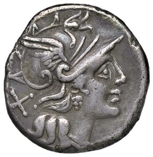 obverse: ROMANE REPUBBLICANE - PINARIA - Pinarius Natta (149 a.C.) - Denario B. 1; Cr. 208/1  (AG g. 3,65). BB