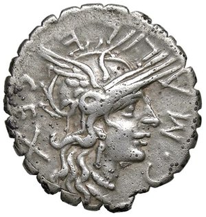 obverse: ROMANE REPUBBLICANE - POBLICIA - C. Poblicius Malleolus C. f. (118 a.C.) - Denario serrato B. 1; Cr. 282/3  (AG g. 3,8). BB