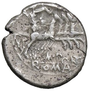 reverse: ROMANE REPUBBLICANE - PORCIA - M. Porcius Laeca (125 a.C.) - Denario B. 3; Cr. 270/1  (AG g. 3,85). qBB