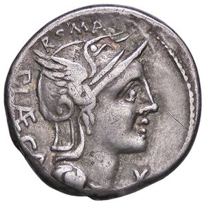 obverse: ROMANE REPUBBLICANE - PORCIA - P. Porcius Laeca (110-109 a.C.) - Denario B. 4; Cr. 301/1  (AG g. 3,86). BB/qBB