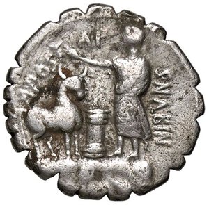 reverse: ROMANE REPUBBLICANE - POSTUMIA - A. Postumius A. f. Sp. n. Albinus (81 a.C.) - Denario serrato B. 7; Cr. 372/1  (AG g. 3,89). bel BB