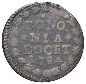 reverse: ZECCHE ITALIANE - BOLOGNA - Pio VI (1775-1799) - Quattrino 1784   CU. qBB