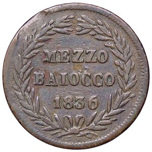 reverse: ZECCHE ITALIANE - BOLOGNA - Gregorio XVI (1831-1846) - Mezzo baiocco 1836 A. VI Pag. 216; Mont. 225  CU. BB