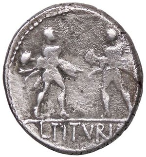 reverse: ROMANE REPUBBLICANE - TITURIA - L. Titurius L. f. Sabinus (89 a.C.) - Denario B. 2 Cr. 344/1b  (AG g. 4,01). qBB