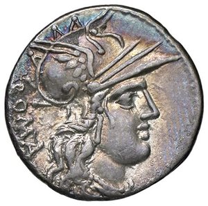 obverse: ROMANE REPUBBLICANE - TULLIA - M. Tullius (120 a.C.) - Denario B. 1; Cr. 280/1  (AG g. 3,16) Bella patina. qSPL/BB+