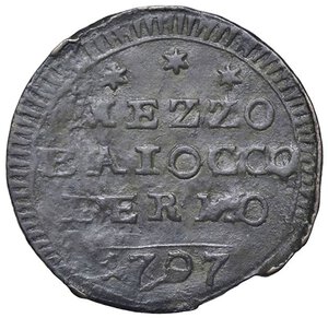 reverse: ZECCHE ITALIANE - FERMO - Pio VI (1775-1799) - Mezzo baiocco 1797 A. XXIII CNI 26; Munt. 324 R CU. BB+