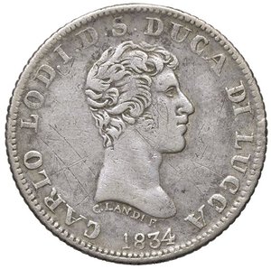 obverse: ZECCHE ITALIANE - LUCCA - Carlo Ludovico di Borbone (1824-1847) - Lira 1834 Pag. 262; Mont. 447 R AG. qBB