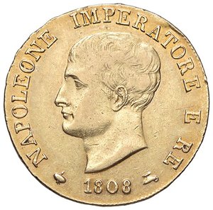 obverse: ZECCHE ITALIANE - MILANO - Napoleone I, Re d Italia (1805-1814) - 40 Lire 1808 Pag. 11b; Mont. 194 RRR (AU g. 12,86)Puntali aguzzi e contorno in rilievo, senza la M del segno di zecca. BB+/qSPL