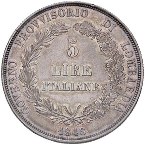 reverse: ZECCHE ITALIANE - MILANO - Governo Provvisorio (1848) - 5 Lire 1848 Pag. 213a; Mont. 426 R AG Base più spessa e stella vicina alla testa Patinata. qSPL