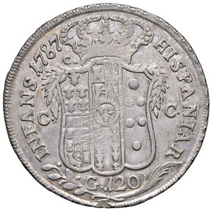 reverse: ZECCHE ITALIANE - NAPOLI - Ferdinando IV di Borbone (primo periodo, 1759-1799) - Piastra 1787 P.R. 51; Mont. 198  AG  Lieve imperfezione di conio al bordo a ore 12 - Metallo brillante. qSPL