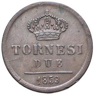 reverse: ZECCHE ITALIANE - NAPOLI - Ferdinando II di Borbone (1830-1859) - 2 Tornesi 1859 P.R. 261; Mont. 1136/1138  CU. BB+