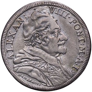 obverse: ZECCHE ITALIANE - ROMA - Alessandro VIII (1689-1691) - Testone 1690 A. I CNI 27; Munt. 16  (AG g. 8,61) Ex asta Bolaffi 321, lotto 554Appiccagnolo abilmente rimosso. qBB