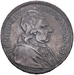 obverse: ZECCHE ITALIANE - ROMA - Benedetto XIV (1740-1758) - Scudo romano 1754 A. XIV CNI 316; Munt. 45  AG  Tentativo di foro al R/. qBB