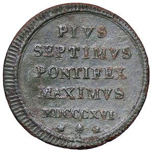 reverse: ZECCHE ITALIANE - ROMA - Pio VII (1800-1823) - Quattrino 1816 A. XVI Pag. 118/b; Mont. 136/138  CU. BB+