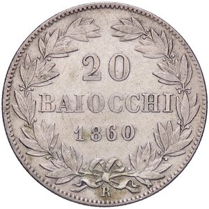 reverse: ZECCHE ITALIANE - ROMA - Pio IX (1846-1866) - 20 Baiocchi 1860 A. XV Pag. 417; Mont. 166  AG. BB