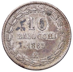 reverse: ZECCHE ITALIANE - ROMA - Pio IX (1846-1866) - 10 Baiocchi 1865 A. XX Pag. 451; Mont. 208  AG. qSPL/BB+