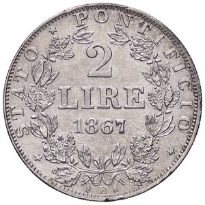 reverse: ZECCHE ITALIANE - ROMA - Pio IX (1866-1870) - 2 Lire 1867 A. XXII Pag. 558; Mont. 368  AG  Segno al ciglio. SPL