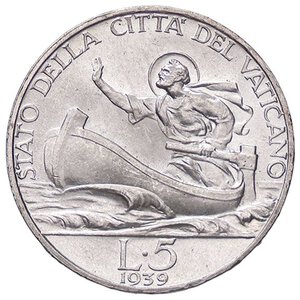 reverse: ZECCHE ITALIANE - ROMA - Pio XII (1939-1958) - 5 Lire 1939 A. I Pag. 754; Mont. 557  AG  Macchiolina al bordo. qFDC/FDC