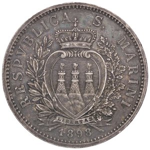 obverse: ZECCHE ITALIANE - SAN MARINO - Vecchia monetazione  - 5 Lire 1898 Pag. 357; Mont. 1 R AG. BB-SPL