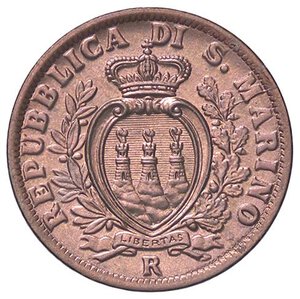 obverse: ZECCHE ITALIANE - SAN MARINO - Vecchia monetazione  - 5 Centesimi 1936 Pag. 381; Mont. 47  CU  Rame rosso. FDC