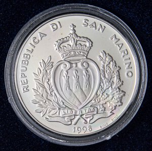 reverse: ZECCHE ITALIANE - SAN MARINO - Nuova monetazione (1972) - 10.000 Lire 1998 - Cent anni Ferrari   AG In confezione. FS