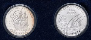 obverse: ZECCHE ITALIANE - SAN MARINO - Nuova monetazione (1972) - Dittico 1995 - Amerigo Vespucci   AG In confezione. FS