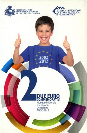 obverse: ZECCHE ITALIANE - SAN MARINO - Monetazione Euro  - 2 Euro 2012 - 10 anni di euro   NI In confezione. FDC