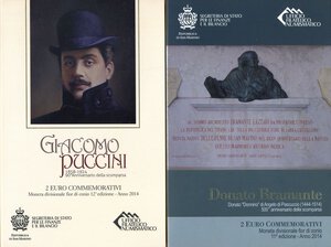 obverse: ZECCHE ITALIANE - SAN MARINO - Monetazione Euro  - 2 Euro 2014 - Bramante e Puccini   NI Lotto di 2 confezioni. FDC