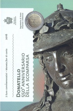 obverse: ZECCHE ITALIANE - SAN MARINO - Monetazione Euro  - 2 Euro 2016 - Donatello   NI In confezione. FDC