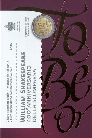 obverse: ZECCHE ITALIANE - SAN MARINO - Monetazione Euro  - 2 Euro 2016 - Shakespeare   NI In confezione. FDC