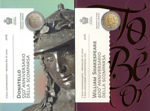 obverse: ZECCHE ITALIANE - SAN MARINO - Monetazione Euro  - 2 Euro 2016 - Shakespeare e Donatello   NI Lotto di 2 confezioni. FDC