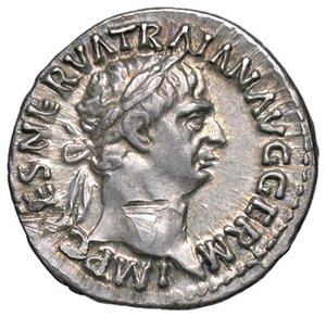 obverse: ROMANE IMPERIALI - Traiano (98-117) - Denario C. 302; RIC 12  (AG g. 3,36) Colpo sul collo. qSPL/SPL