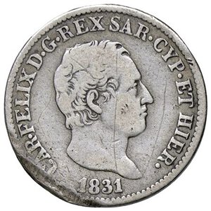 obverse: SAVOIA - Carlo Felice (1821-1831) - 50 Centesimi 1831 T (P) Pag. 121a; Mont. 124 RRR AG  Schiacciatura di conio al bordo. MB