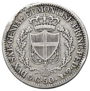 reverse: SAVOIA - Carlo Felice (1821-1831) - 50 Centesimi 1831 T (P) Pag. 121a; Mont. 124 RRR AG  Schiacciatura di conio al bordo. MB