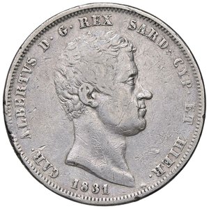 obverse: SAVOIA - Carlo Alberto (1831-1849) - 5 Lire 1831 G Pag. 229a; Mont. 105 RR AG Croce stretta Colpetti diffusi. MB+/qBB