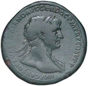 obverse: ROMANE IMPERIALI - Traiano (98-117) - Sesterzio C. 535  (AE g. 24,59) Patina verde scuro. meglio di MB