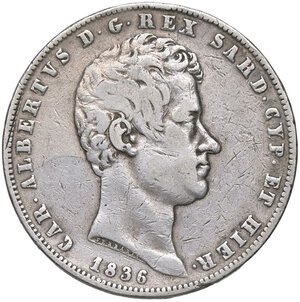 obverse: SAVOIA - Carlo Alberto (1831-1849) - 5 Lire 1836 T Pag. 240; Mont. 114 RR AG  Colpetti. qBB