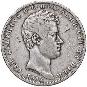 obverse: SAVOIA - Carlo Alberto (1831-1849) - 5 Lire 1837 T Pag. 242; Mont. 116 RR AG. MB+/qBB