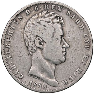 obverse: SAVOIA - Carlo Alberto (1831-1849) - 5 Lire 1839 T Pag. 246; Mont. 120  AG  Lavata. MB