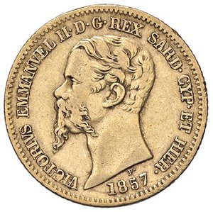 obverse: SAVOIA - Vittorio Emanuele II (1849-1861) - 20 Lire 1857 T Pag. 351; Mont. 17  (AU g. 6,43). qBB